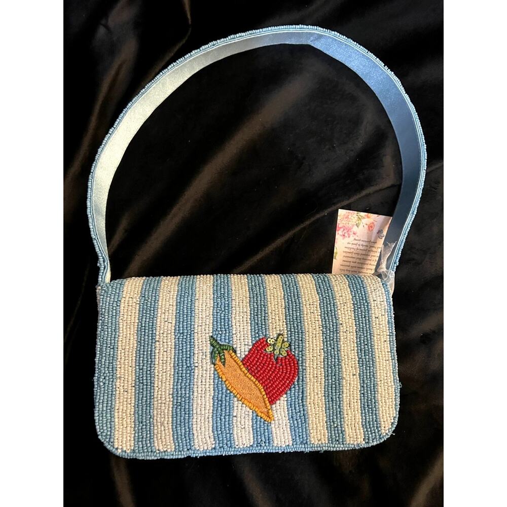 New Release Handcrafted in India Blue Striped Vegetable Beaded Bag Viral TikTok - Picture 4 of 9